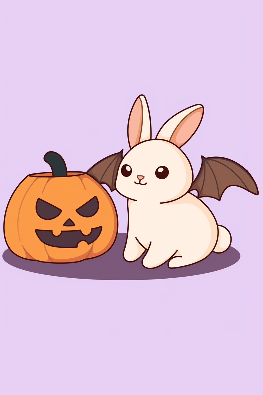 halloween cute animals drawings 2, showing a cute bunny with bat wings beside a carved pumpkin on a purple background.